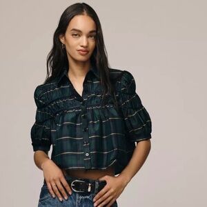Anthropologie Dark Green Plaid Puff-Sleeve Button Front Blouse